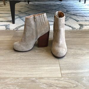 Block heeled taupe suede booties